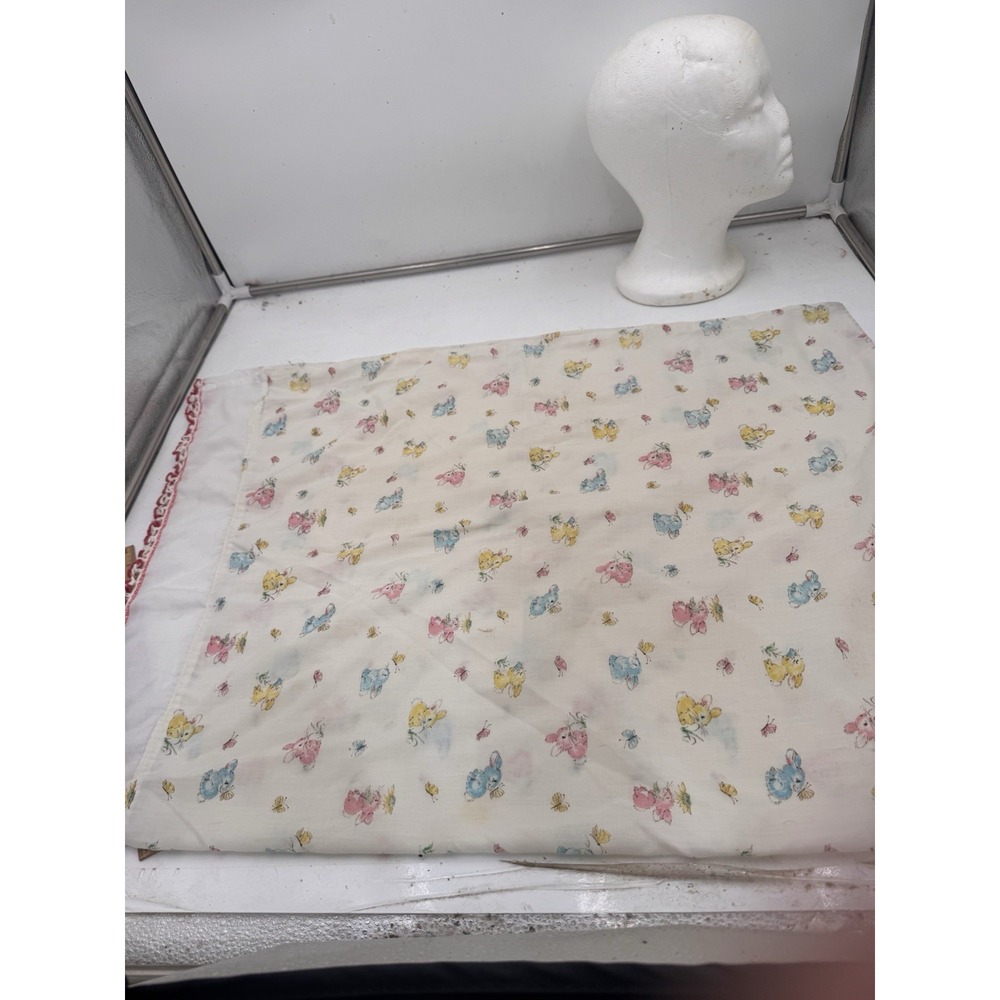 Vintage 60s 70s 80s Bunny Rabbit Pillowcase Standard Cottagecore Nursery Ruffle